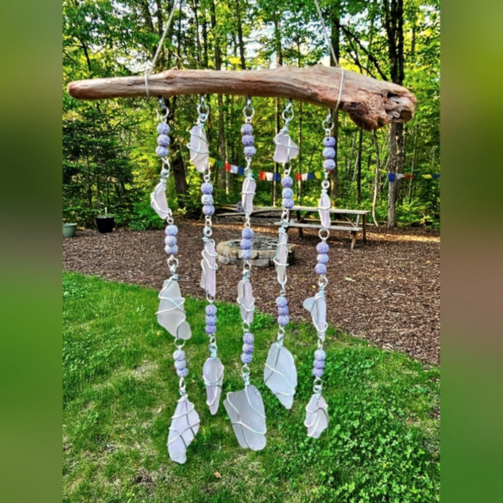 Handcrafted Suncatcher Driftwood Wind Chime w/ Lavender Sea Glass and Lava Beads